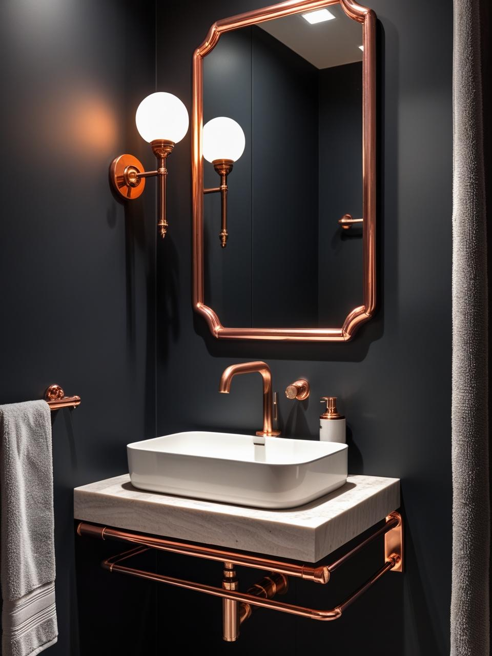 Modern statement powder room with brushed gold faucet, copper mirror frame, and metallic accents against dark walls