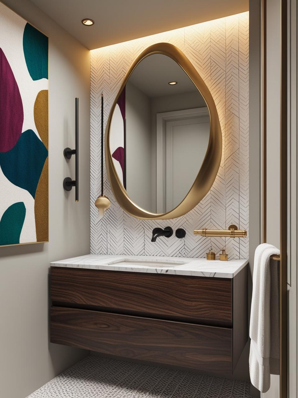 Modern statement powder room with custom artwork, unique mirror, and handmade vanity that add personality