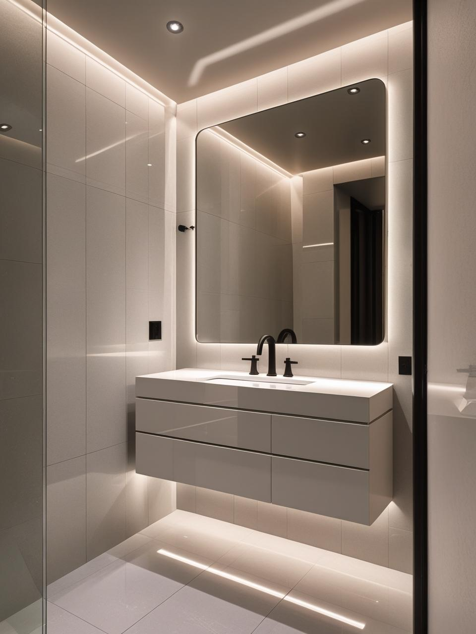 Modern statement powder room with floor-to-ceiling large-format tiles and seamless design for a sleek modern look