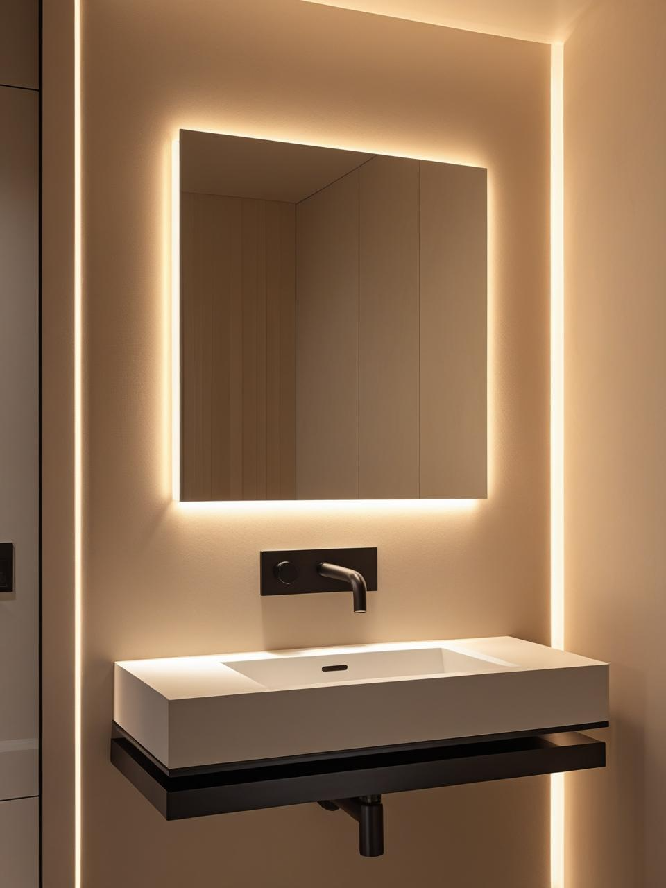 Modern statement powder room with frameless mirror, thin-edged sink, and matte black faucet for a clean minimalist design