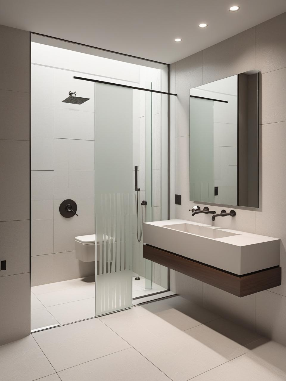Modern statement powder room with frameless glass divider and frosted detail that keeps the layout sleek and open