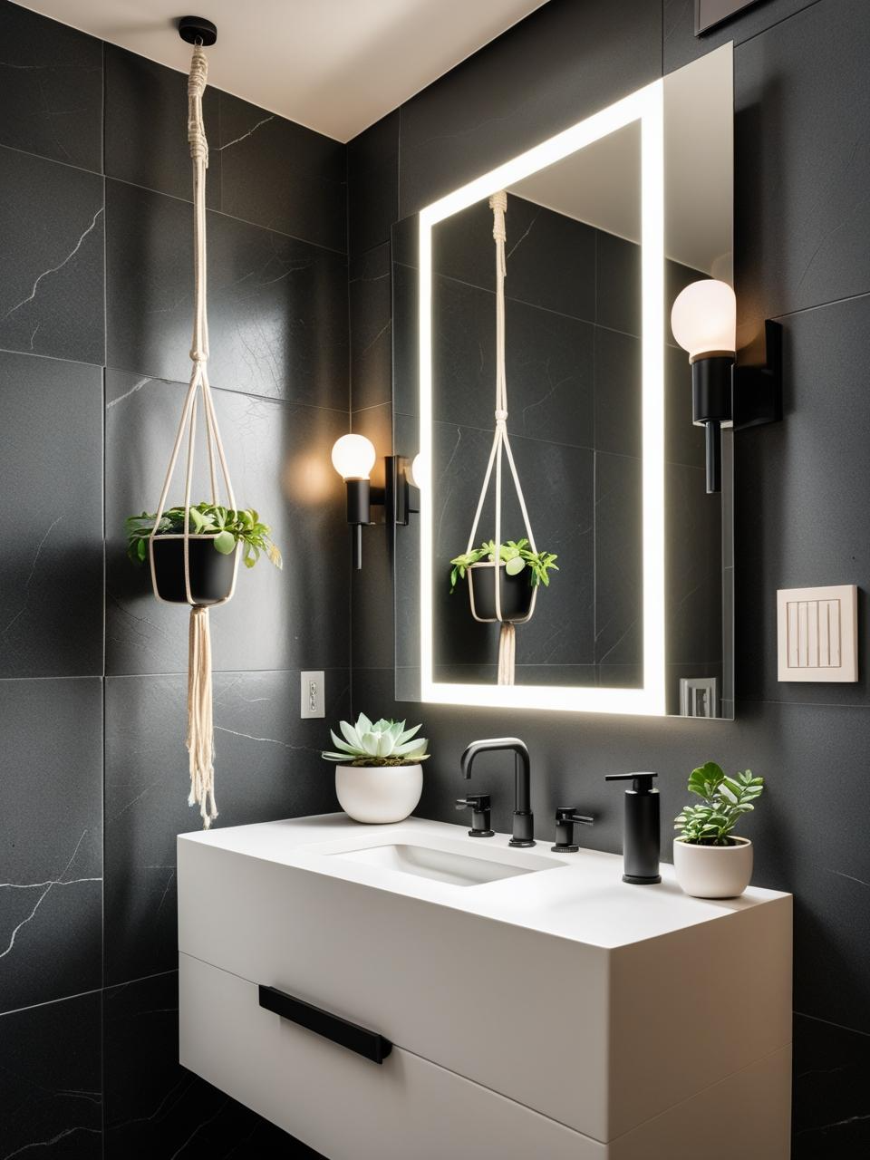 Modern statement powder room with greenery accents including a potted plant and hanging planter for a fresh look