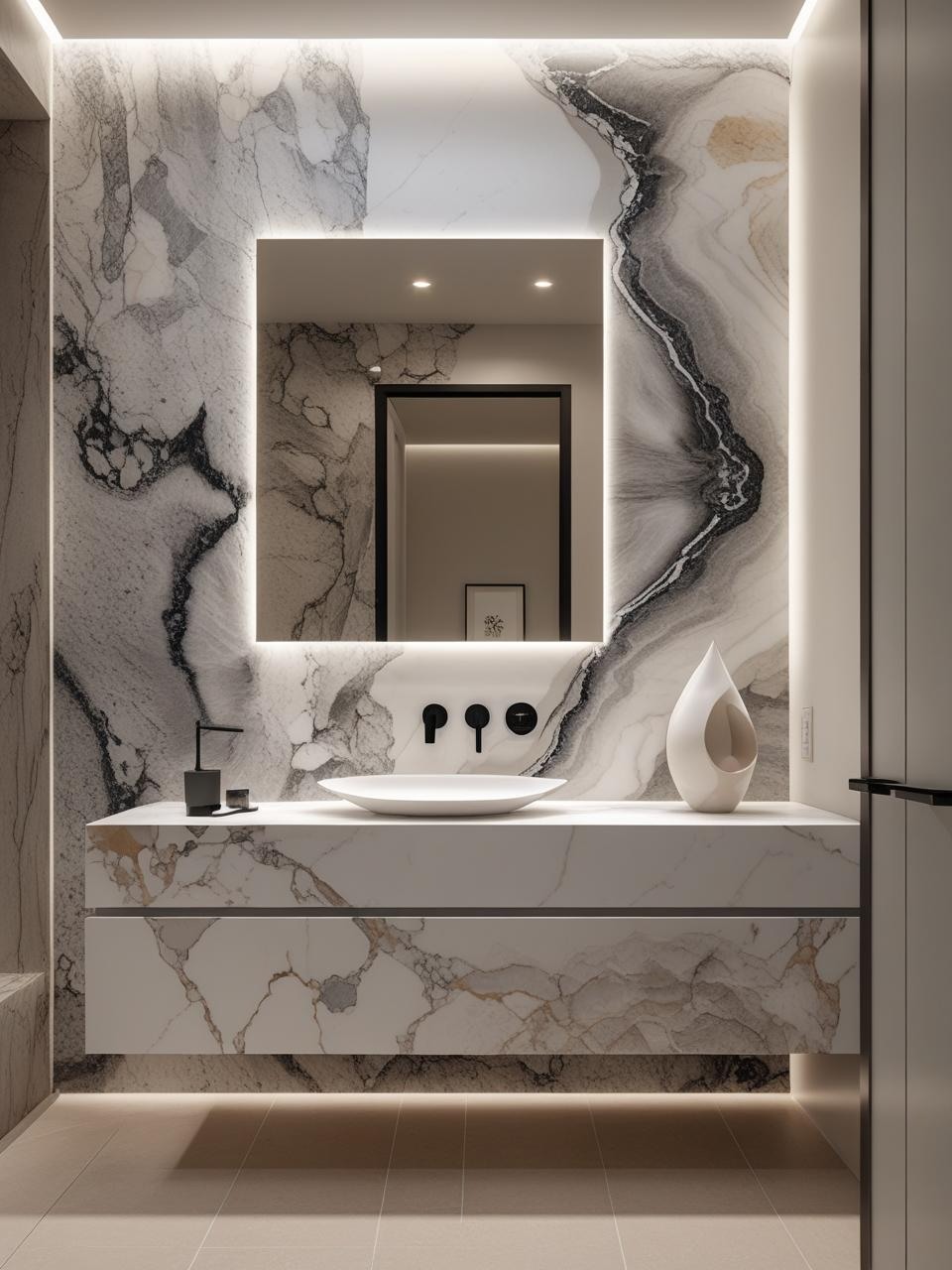 Modern statement powder room with marble vanity and natural stone wall slab for a timeless, luxurious design