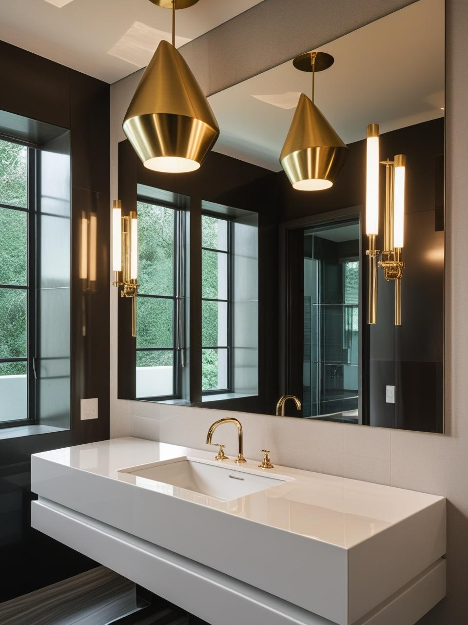 Modern statement powder room with sculptural pendant lighting, brass sconces, and glossy surfaces reflecting warm light