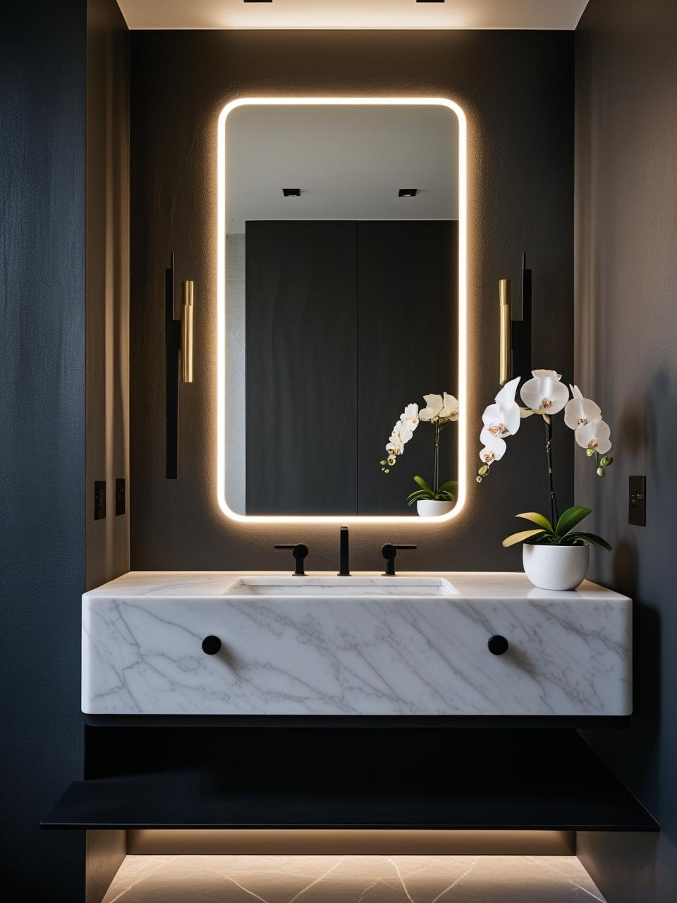 Modern statement powder room with dark charcoal walls, floating vanity, and soft accent lighting for a sophisticated look