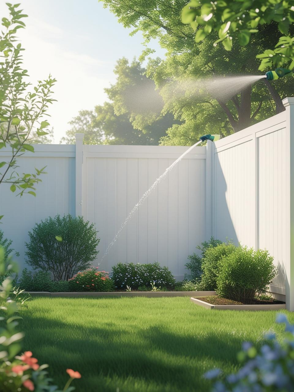 Modern white vinyl backyard fence with soft greenery, shown as part of low maintenance backyard fencing ideas.