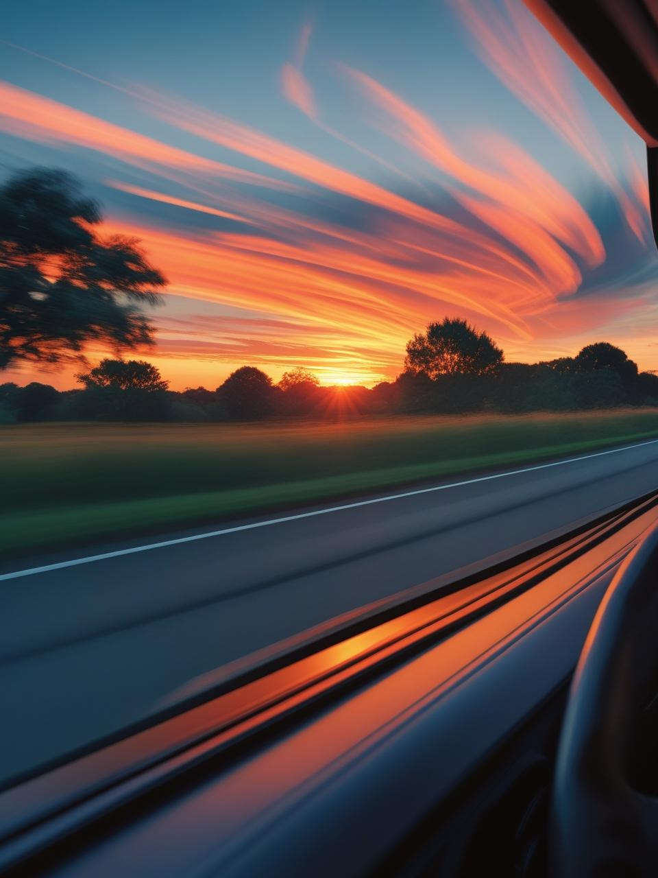 Motion-blurred summer sunset view from a car window, evoking freedom for summer phone wallpapers.