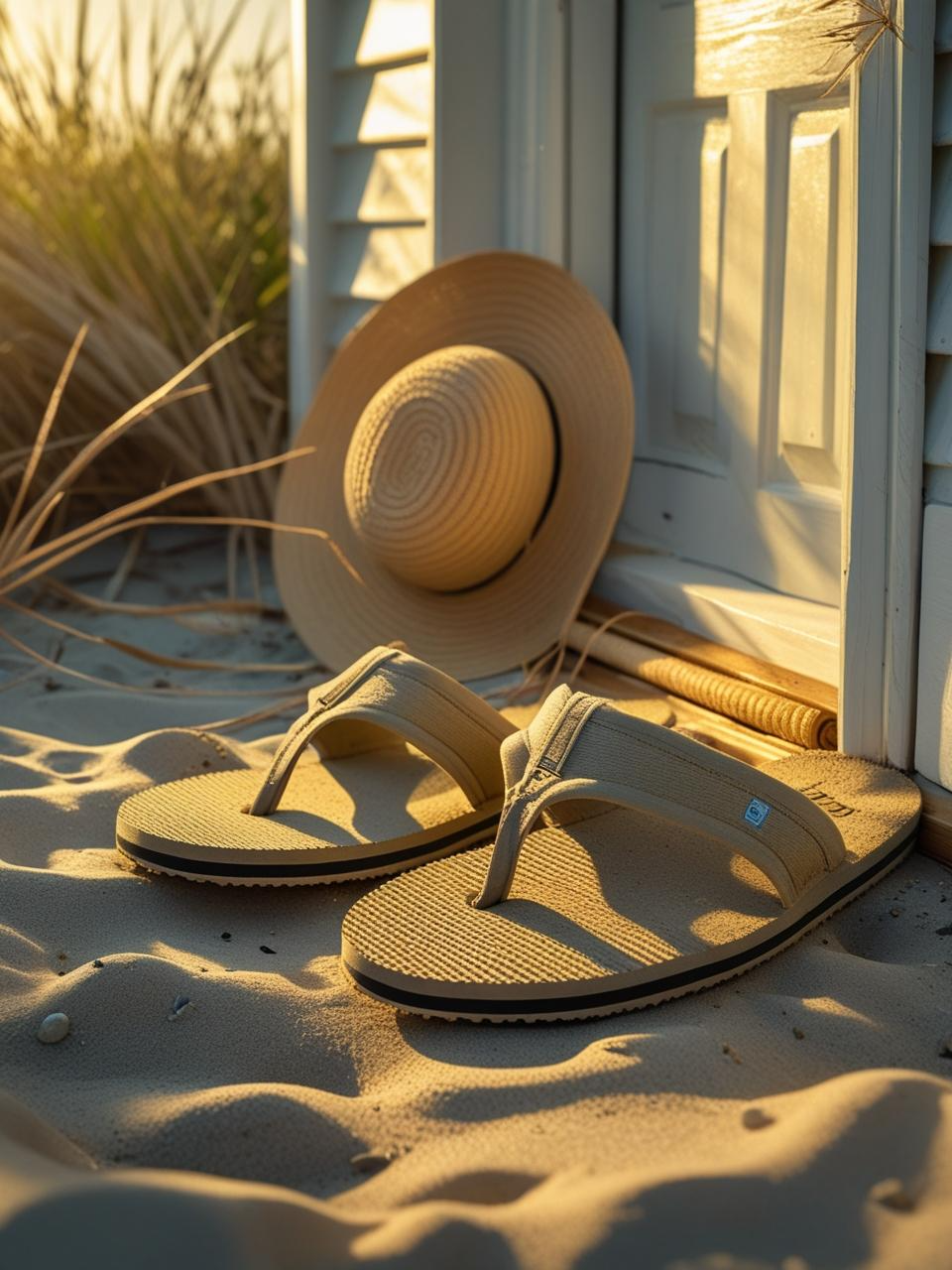 Pair of flip-flops by a welcome mat in warm light, capturing everyday moments for summer phone wallpapers.