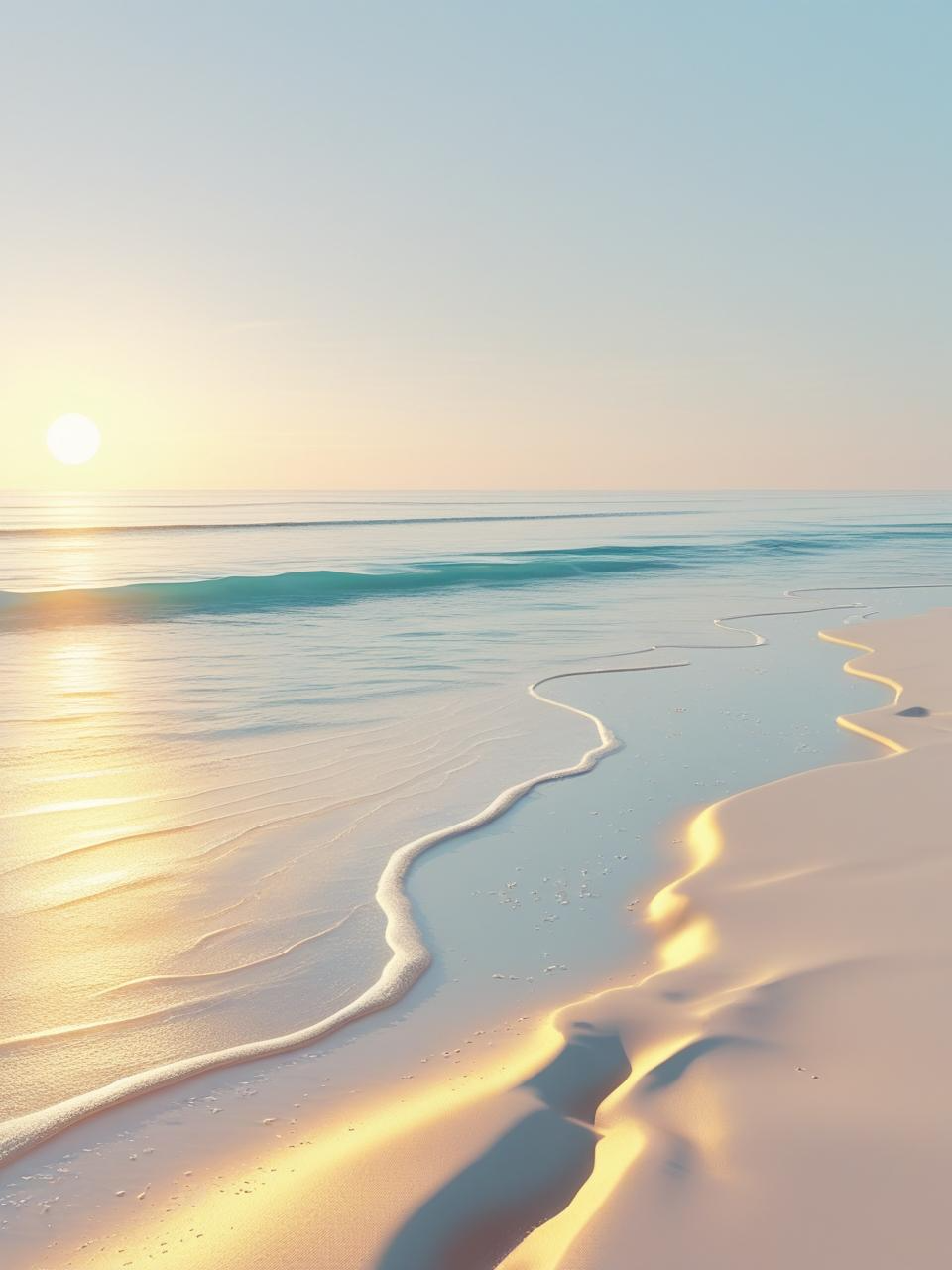 Peaceful beach scene with soft waves and golden sand, perfect for a calming summer phone wallpapers.