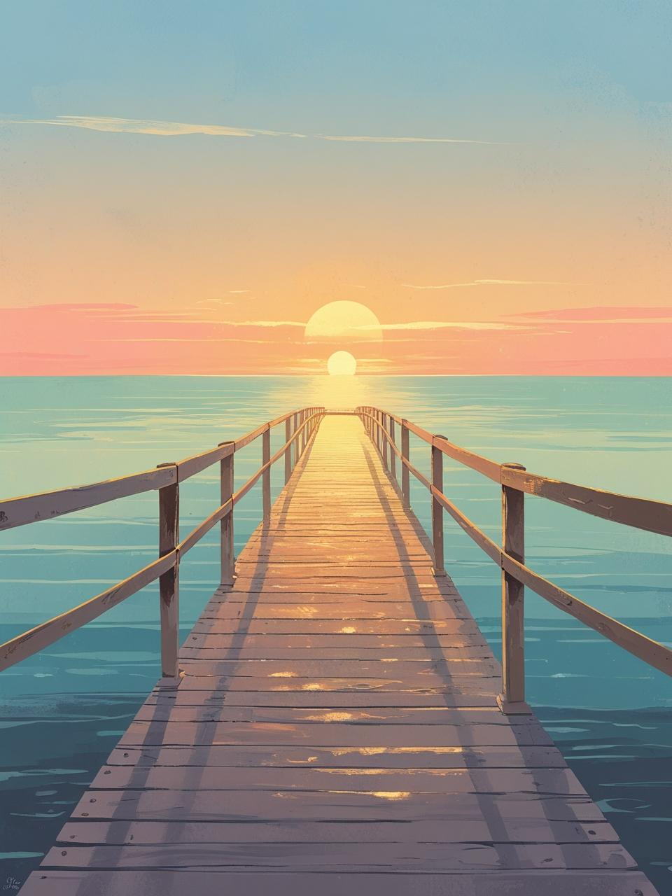 Peaceful wooden pier reaching into the ocean at sunset, perfect for calm summer phone wallpapers.