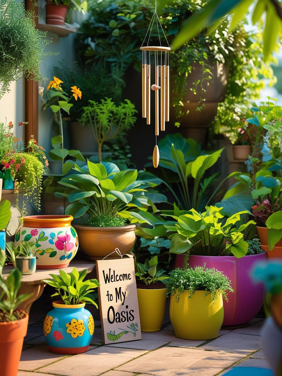 Personalized terrace garden with painted pots, wind chimes, and quirky signs.