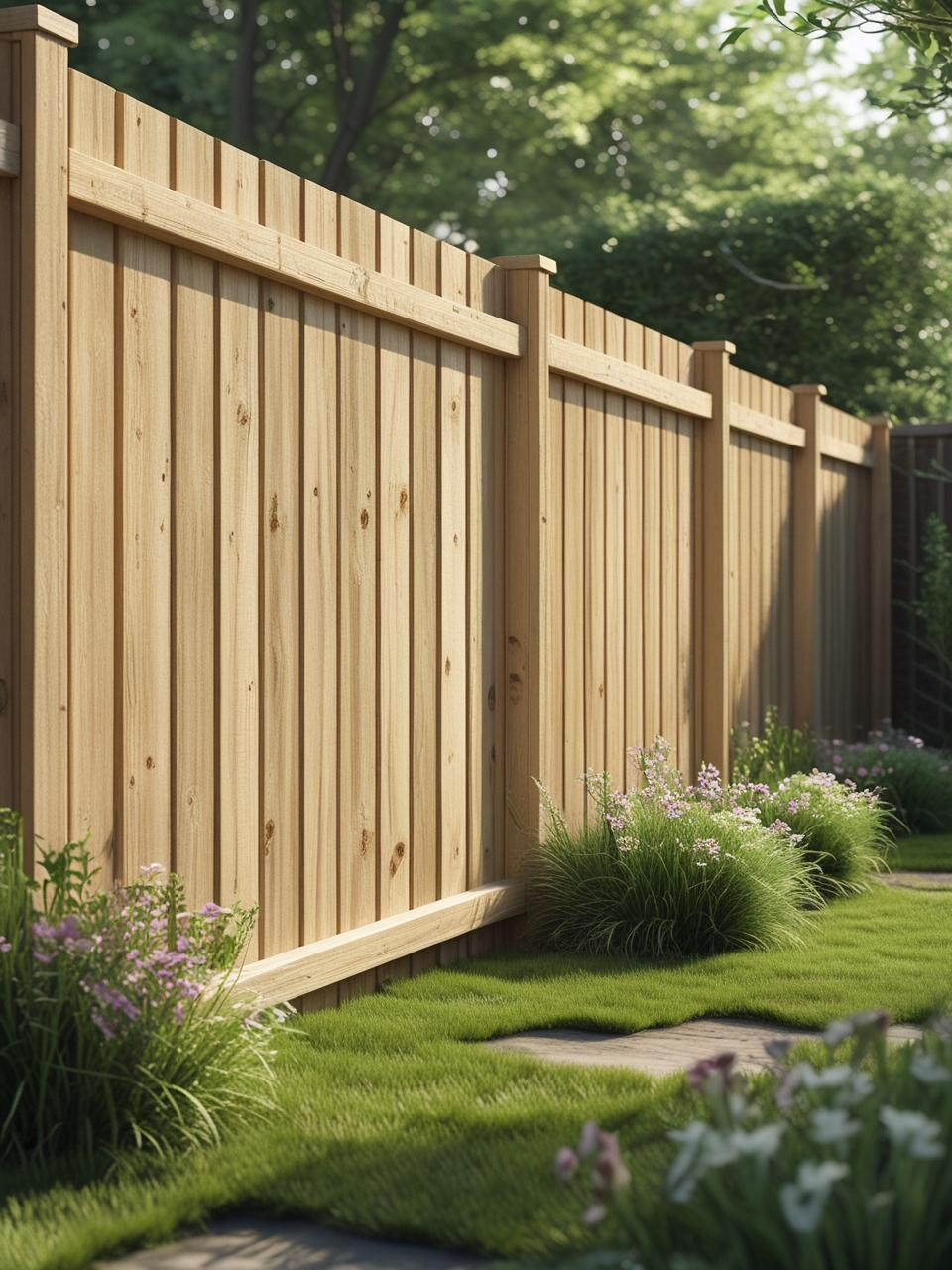 Pressure-treated wooden fence in a sunlit backyard, featured in low maintenance backyard fencing ideas.