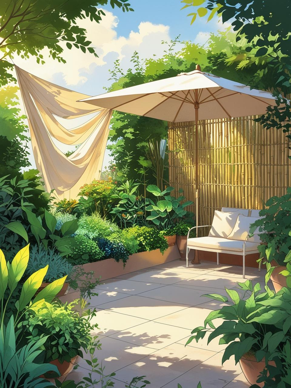 Shaded plants under a bamboo screen and cloth canopy in a thriving terrace garden protected from harsh sunlight.