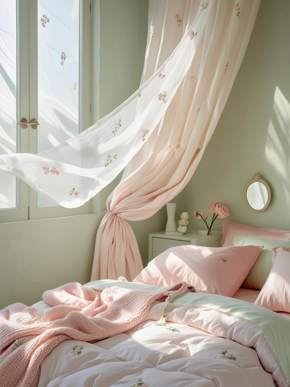 Sheer pastel curtains in a girly bedroom aesthetic softly flutter in the breeze with sunlight streaming in.