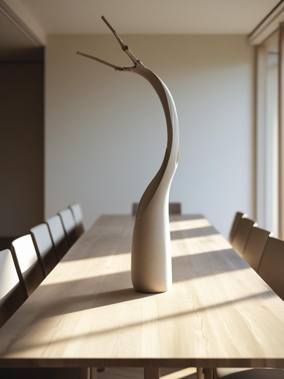Single sculptural branch in a tall vase centerpiece on a dining room table – Dining Room Table Centerpiece Ideas.