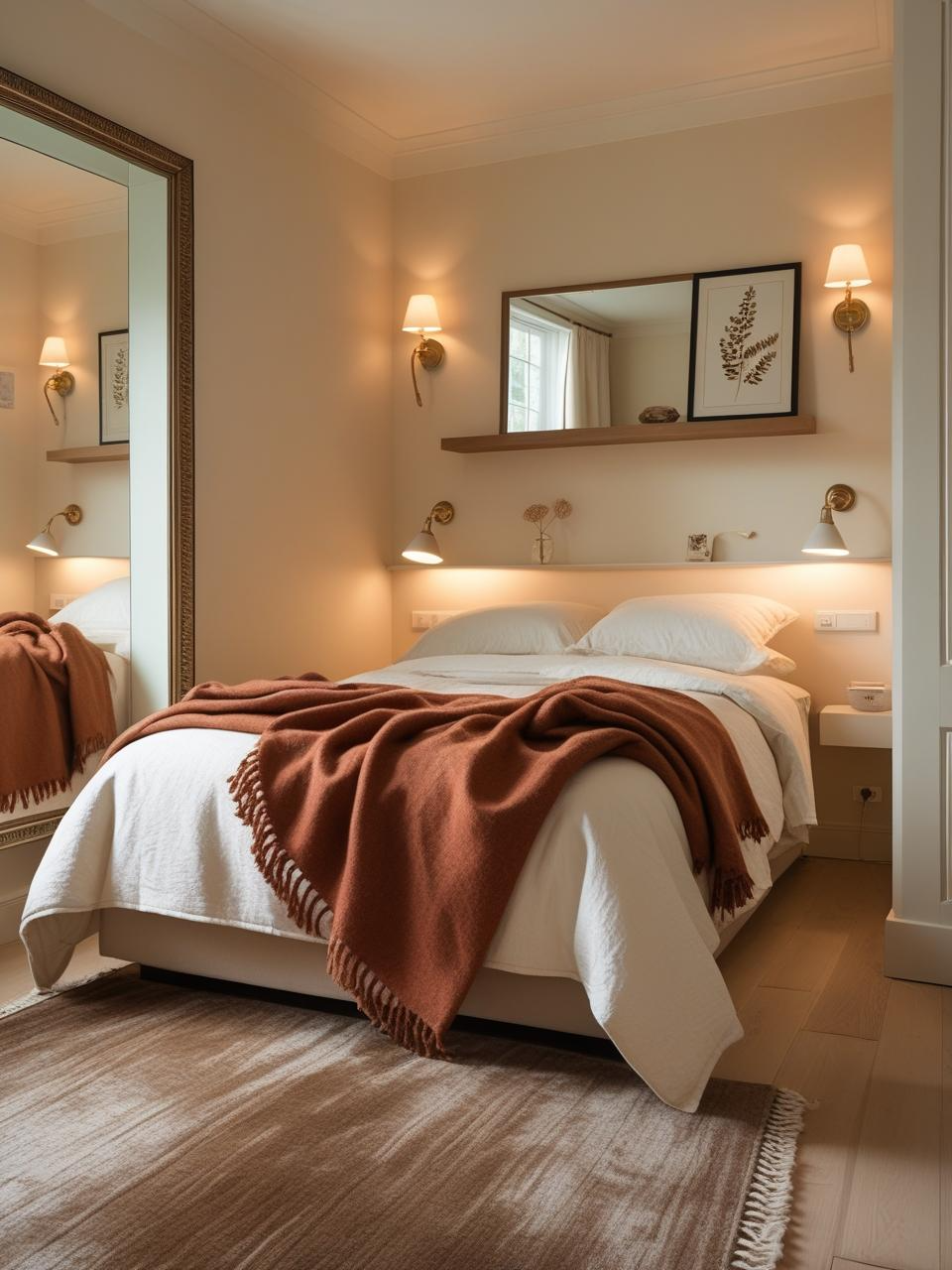 Small cozy bedroom with rust throw, wall-mounted lights, and slim shelf to maximize space.