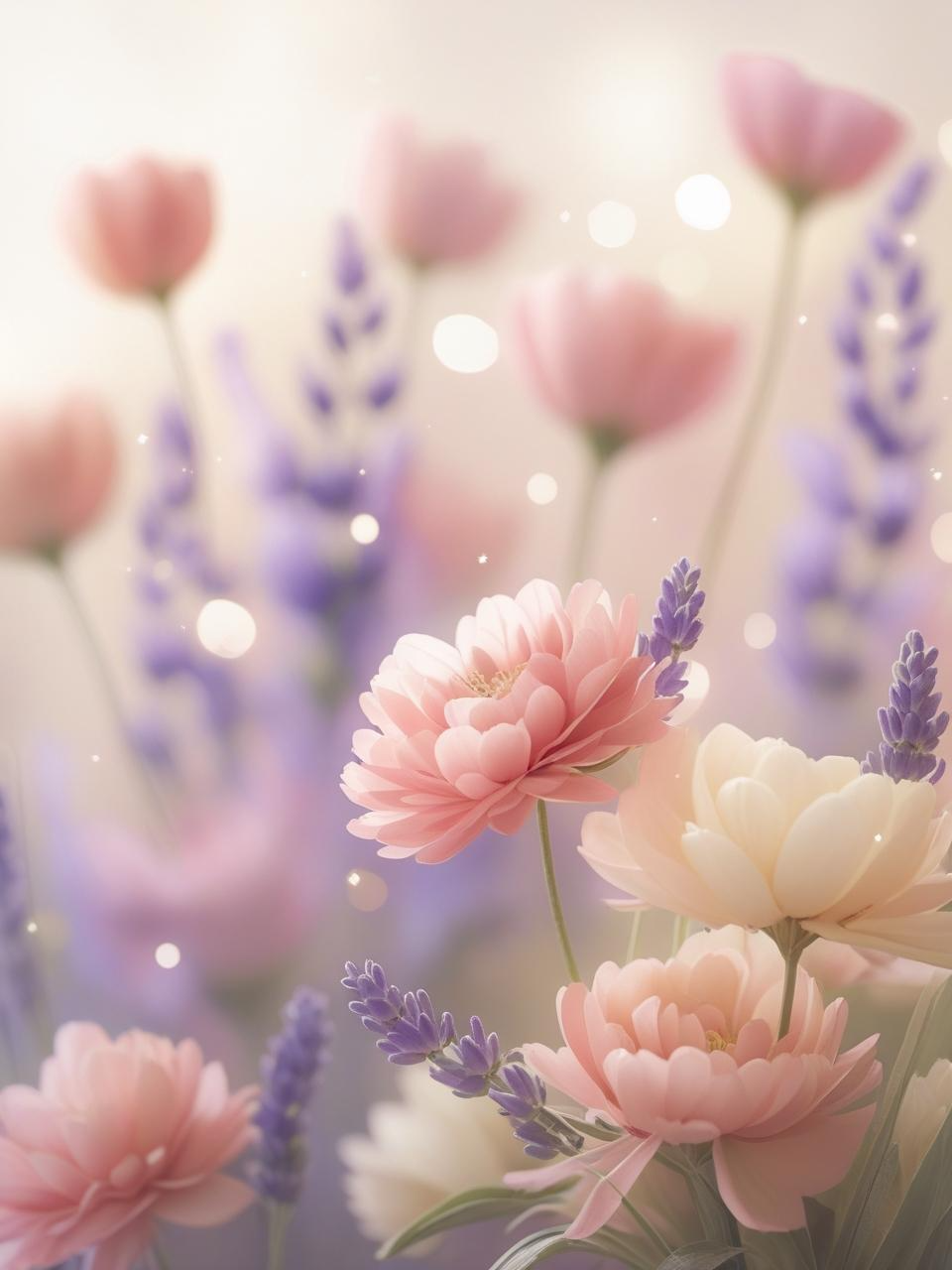 Soft-focus spring floral wallpaper with dreamy blurred flowers in pastel tones.