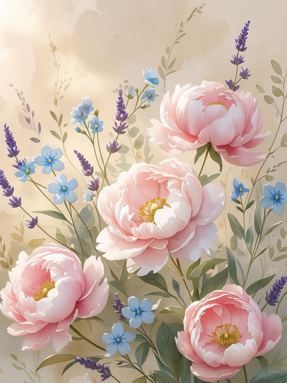 Soft pastel spring wallpaper with pink, blue, and lavender florals in early morning light, capturing a calm springtime mood.