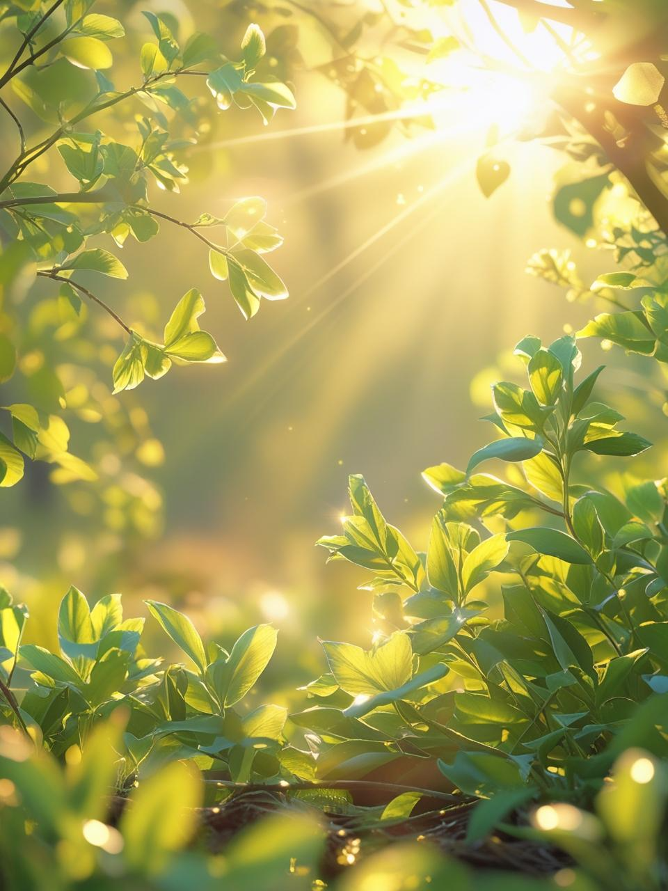 Soft spring sunlight filtering through green leaves with a golden glow.
