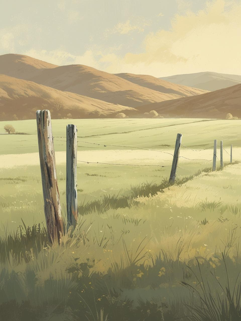 Spring countryside wallpaper with rustic fence posts, faded light, and open grassy fields.