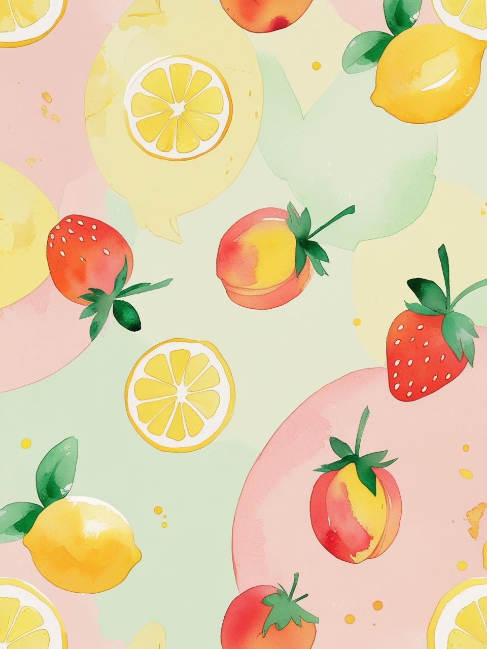 Spring fruit-themed phone wallpaper with lemons, strawberries, and peaches in soft pastel colors.