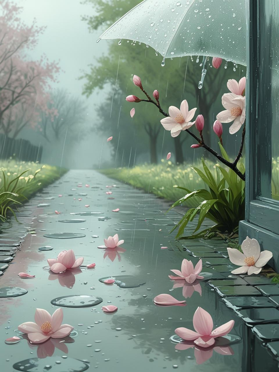 Spring phone wallpaper with raindrops, puddles, and floating flower petals on a rainy day.