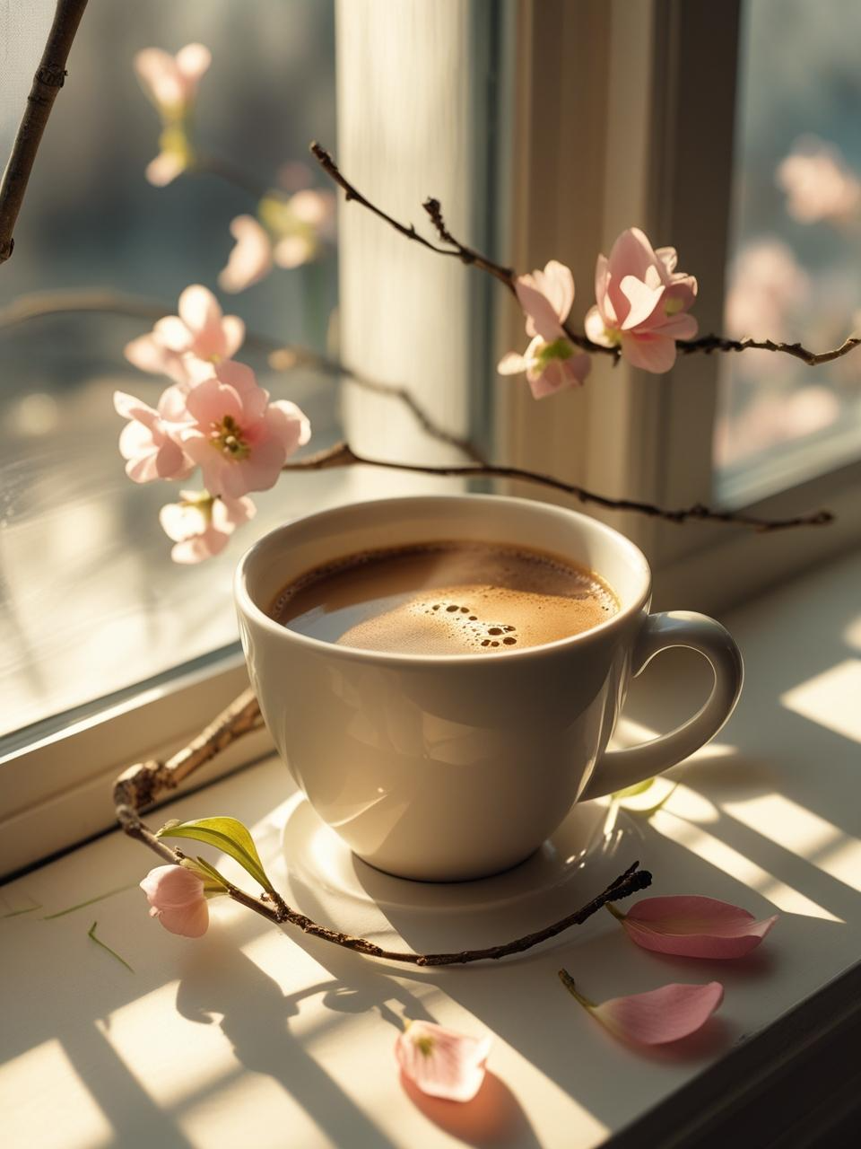 Spring phone wallpaper with warm sunlight, coffee cup, and soft floral tones.