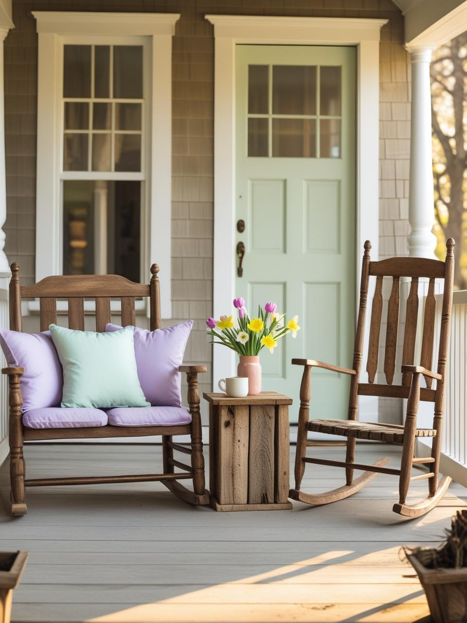 Spring refresh for a farmhouse porch with a loveseat, rocking chair, and side table arranged for comfort and flow