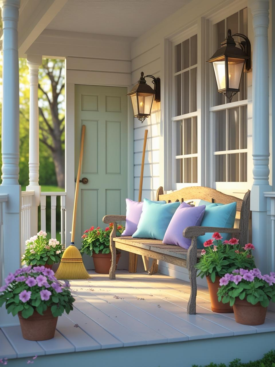 Spring refresh for a farmhouse porch with clean cushions, trimmed plants, and well-kept fixtures.