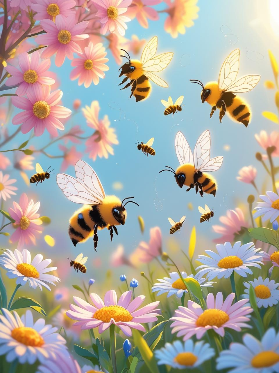 Spring wallpaper with bees and butterflies among soft spring flowers, adding movement and cheerful energy to the background.