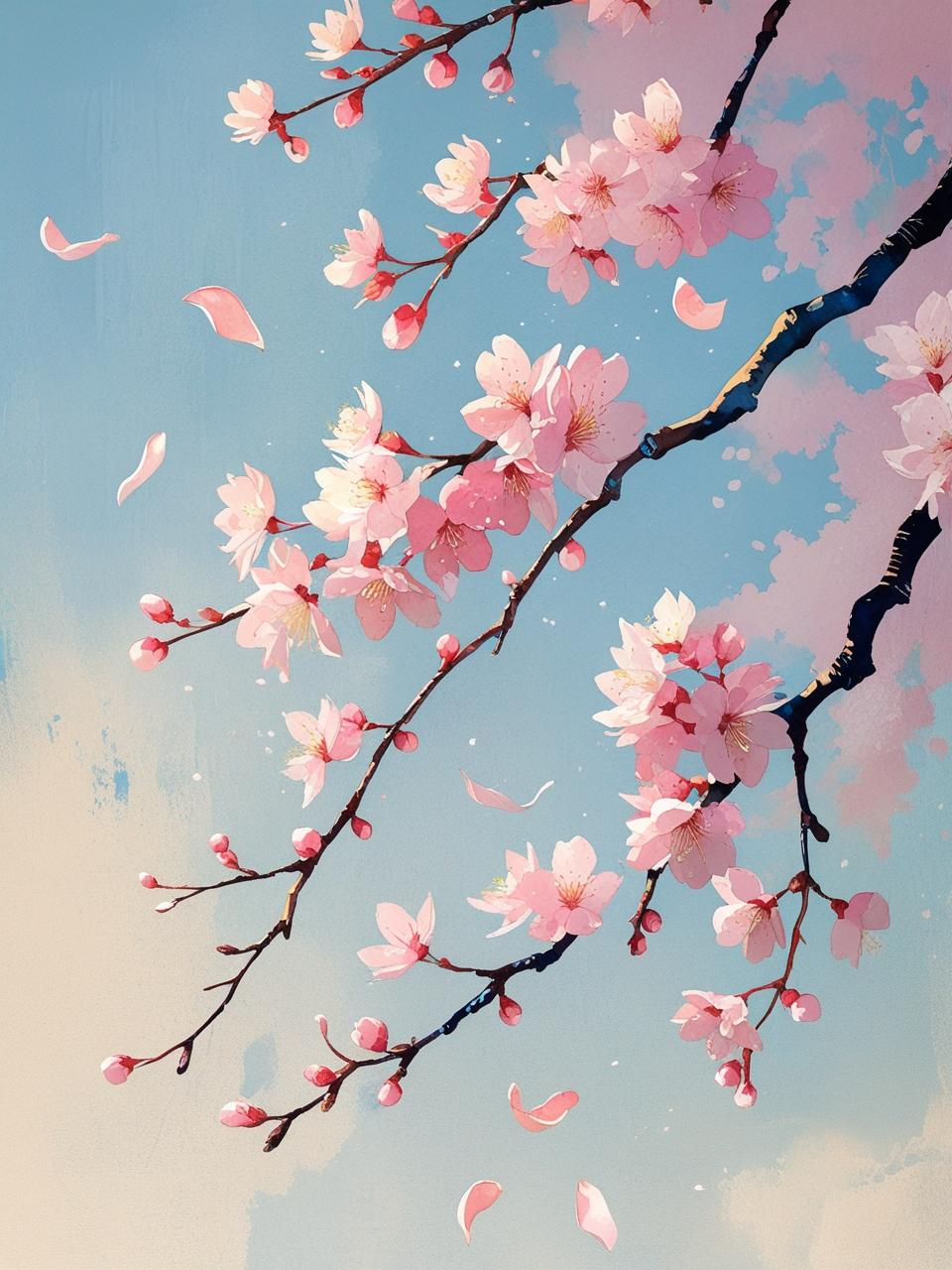Spring wallpaper with soft cherry blossom branches and pink petals floating against a light sky, evoking a calm seasonal feeling.