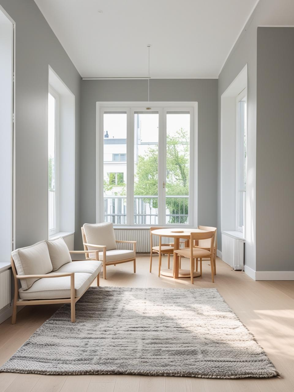 Stockholm style apartment with open pathways, low-profile furniture, and rugs defining zones for a seamless Scandinavian flow.