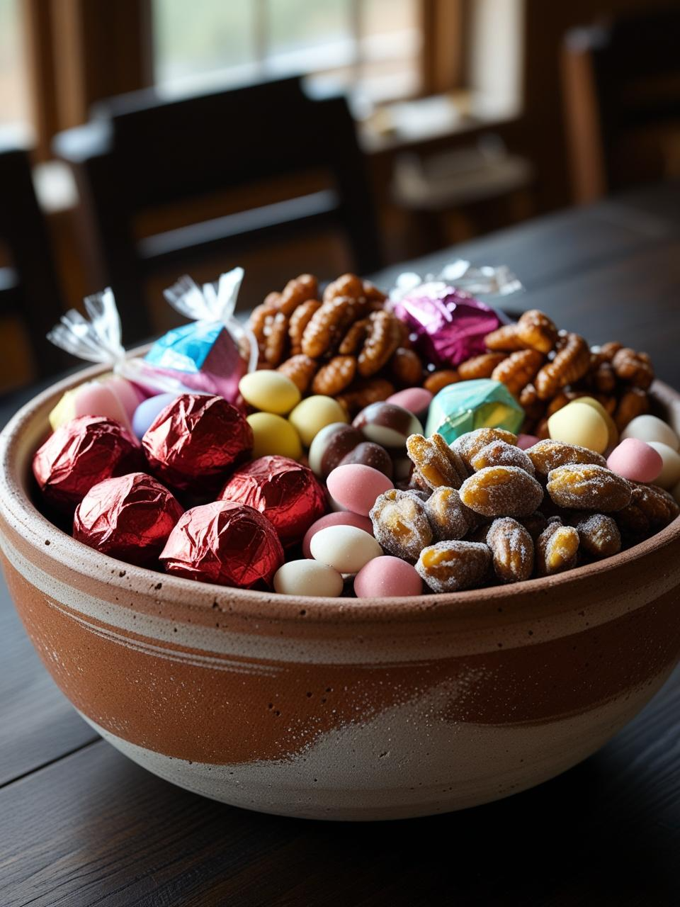 Stoneware bowl filled with candied nuts and sweets centerpiece on a dining room table – Dining Room Table Centerpiece Ideas.