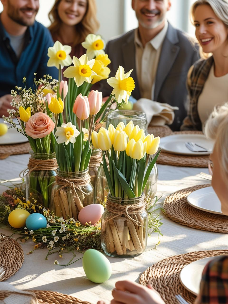 Stunning Easter centerpiece ideas with eco-friendly touches like potted bulbs, local flowers, and twine-wrapped jars