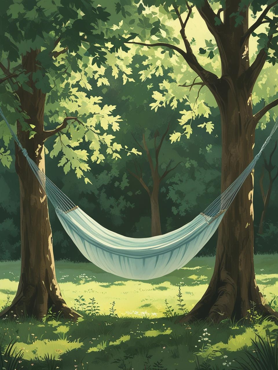Sun-dappled hammock strung between trees, offering a peaceful scene for restful summer phone wallpapers.