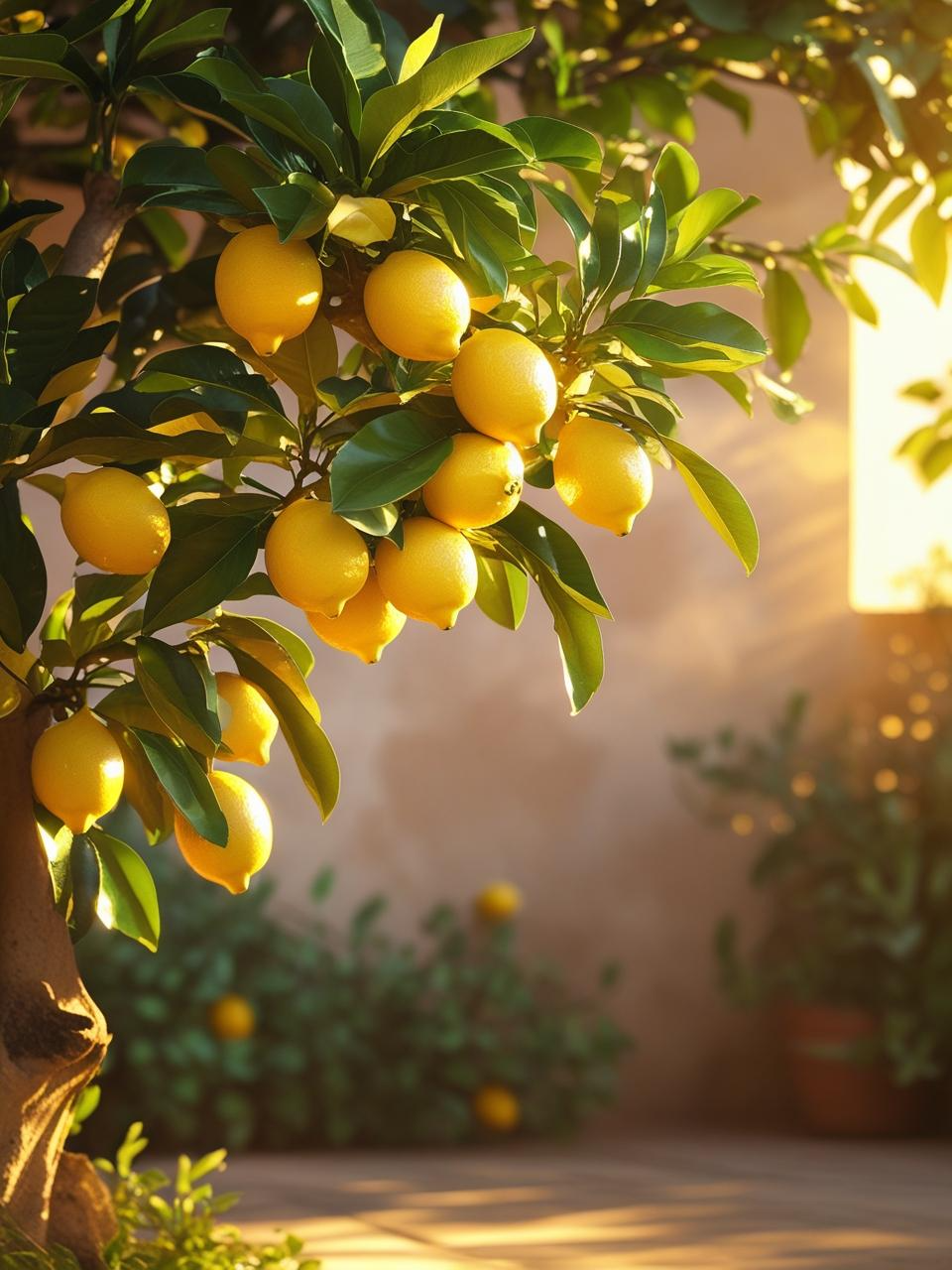 Sunlit lemon tree with ripe yellow fruit, capturing Mediterranean calm for summer phone wallpapers.