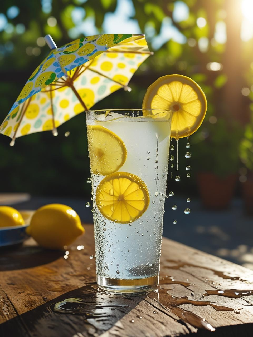 Sweating glass of lemonade on a sunny patio, capturing summer refreshment for seasonal summer phone wallpapers.