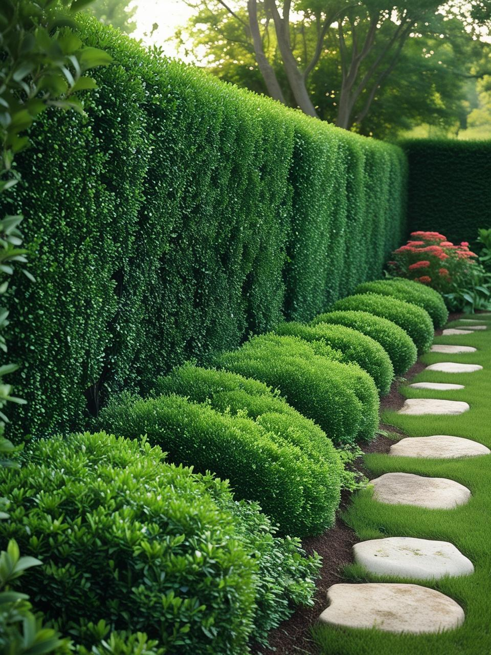 Thick green hedge forming a natural living fence, featured in low maintenance backyard fencing ideas.