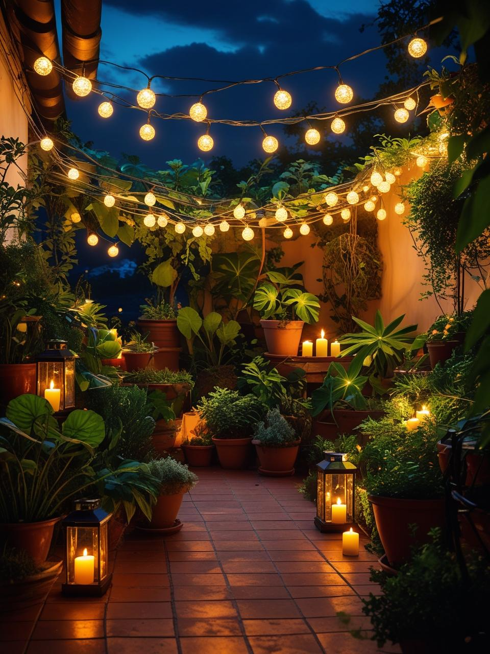 Thriving terrace garden glowing with string lights and lanterns at night.