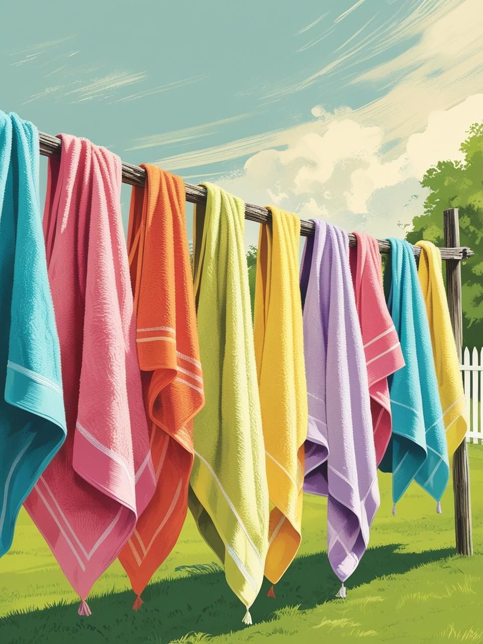 Towels drying on a clothesline in a summer breeze with sunlight and a calm backyard scene