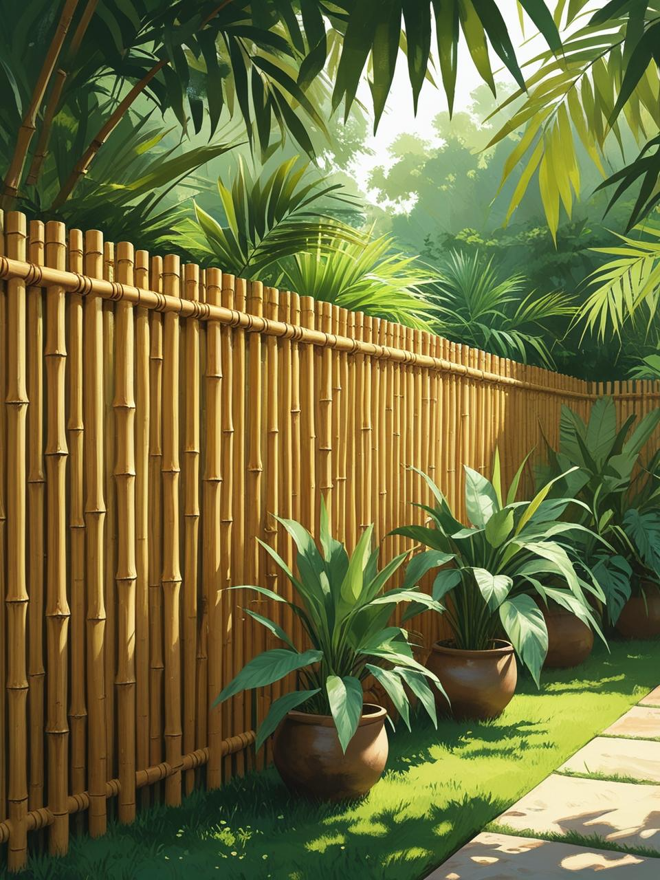 UV-treated bamboo fence in a calm backyard, part of low maintenance backyard fencing ideas with natural appeal.