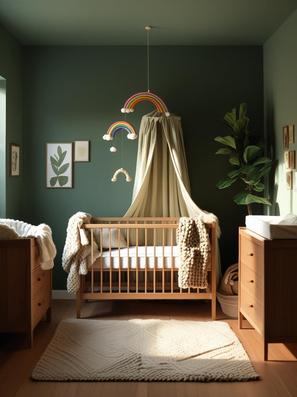 Unique sage green nursery with personalized decor like a moody wall, rainbow mobile, and soulful lived-in details.