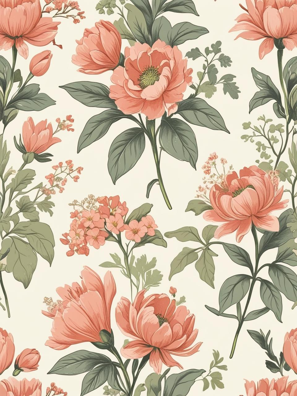 Vintage floral spring wallpaper with coral, peach, and green tones on a cream background, blending nostalgic and modern spring styles.