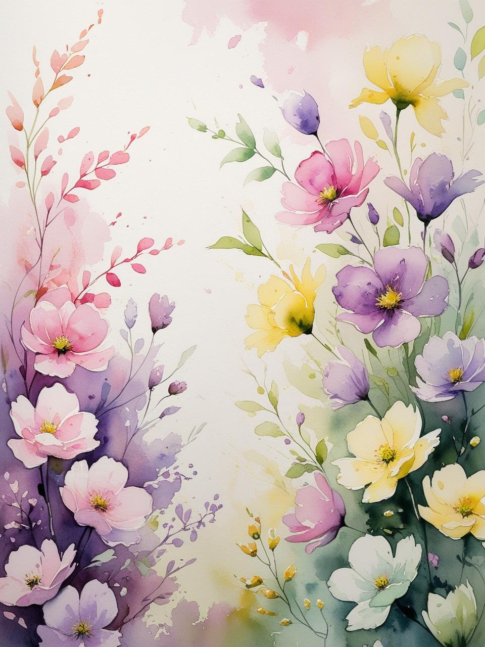 Watercolor spring wallpaper with dreamy garden flowers in soft pink, purple, yellow, and green hues for a poetic seasonal look.