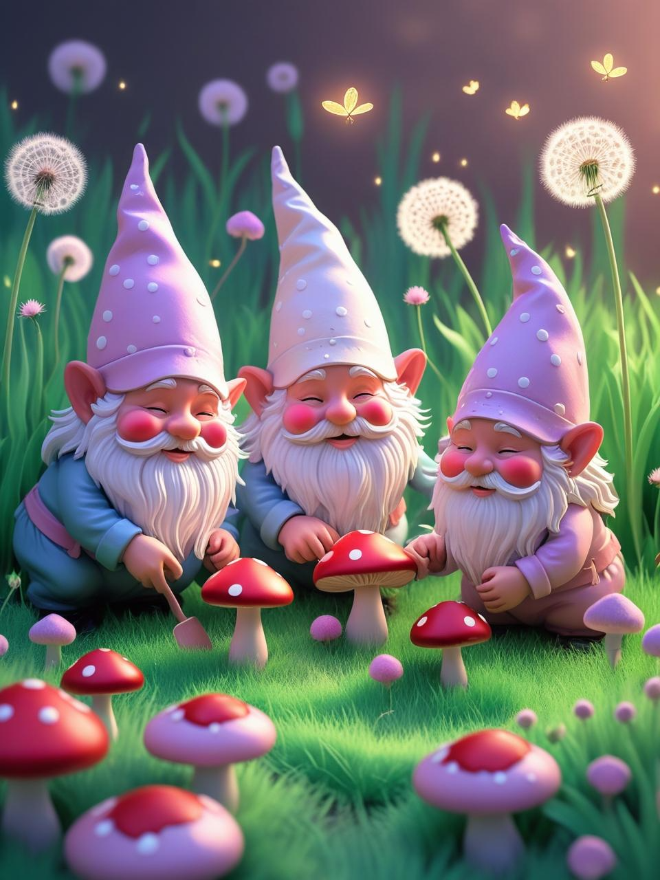 Whimsical spring wallpaper with garden gnomes, mushrooms, and fairytale garden elements.