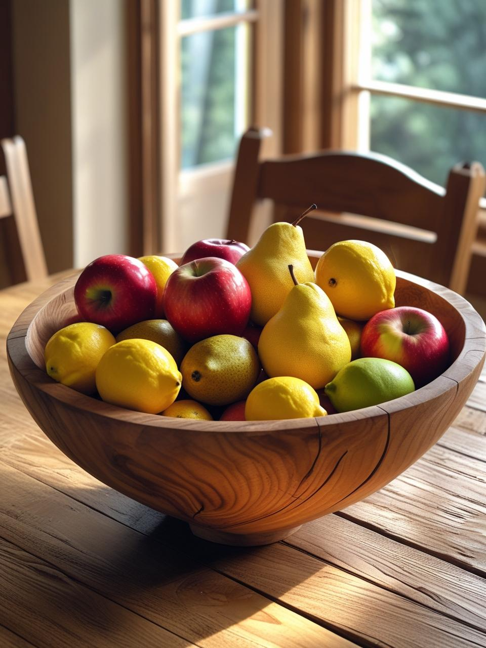 Wooden bowl with seasonal fruit centerpiece on a dining room table – Dining Room Table Centerpiece Ideas.