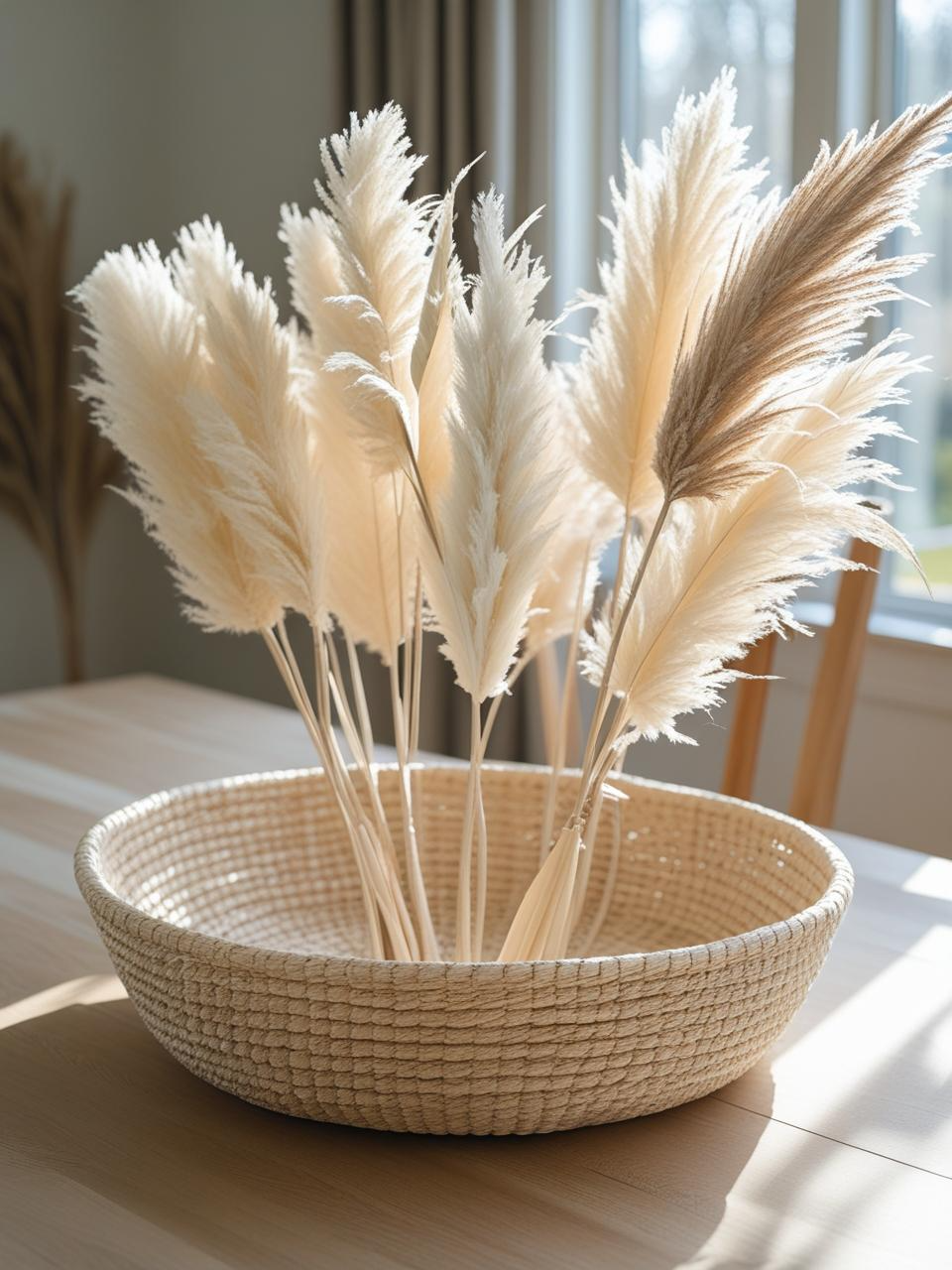 Woven basket with dried pampas grass centerpiece on a dining room table – Dining Room Table Centerpiece Ideas.