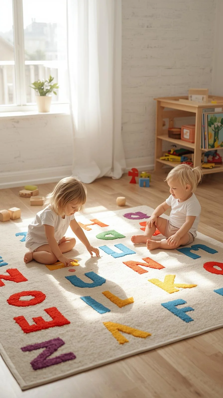 Alphabet rug in a colorful playroom with kids learning letters through play, showing educational playroom rug ideas.
