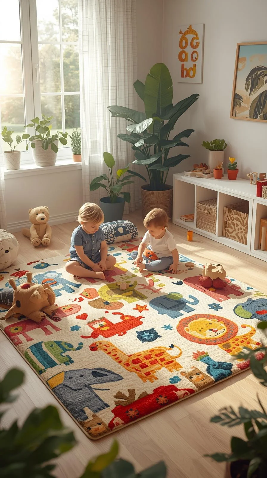 Animal print rug with playful jungle creatures in a colorful playroom, showing whimsical playroom rug ideas for kids.