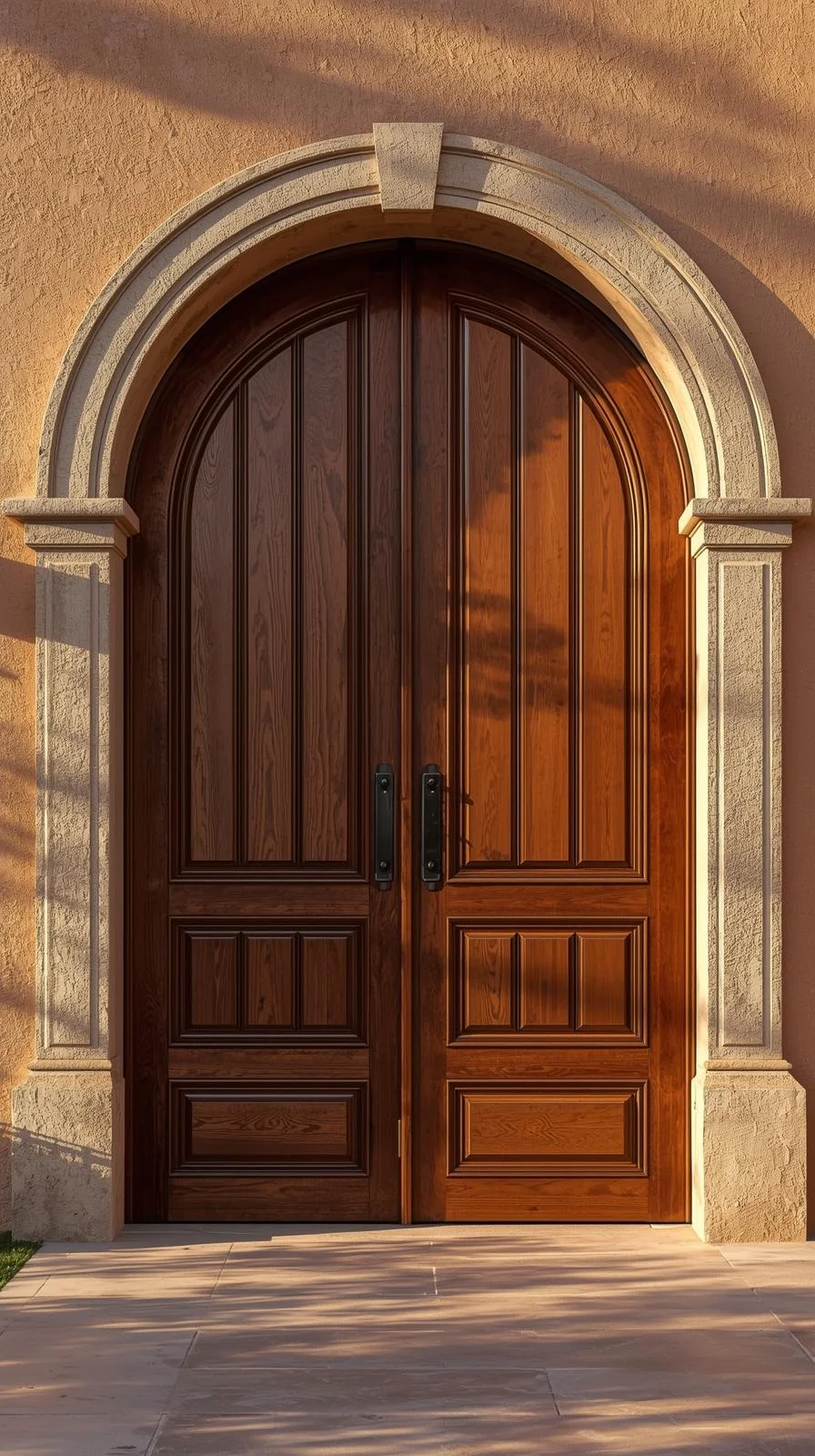Elegant arched wooden double door entryway with classic Mediterranean design and graceful curved frame.